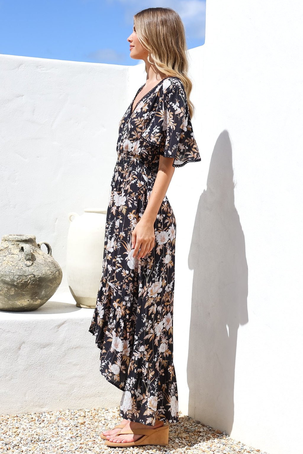 Maxi Dress - Elasticated Waist Button Detail High Low Dress