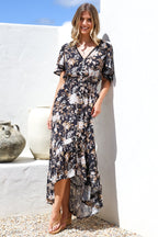 Maxi Dress - Elasticated Waist Button Detail High Low Dress