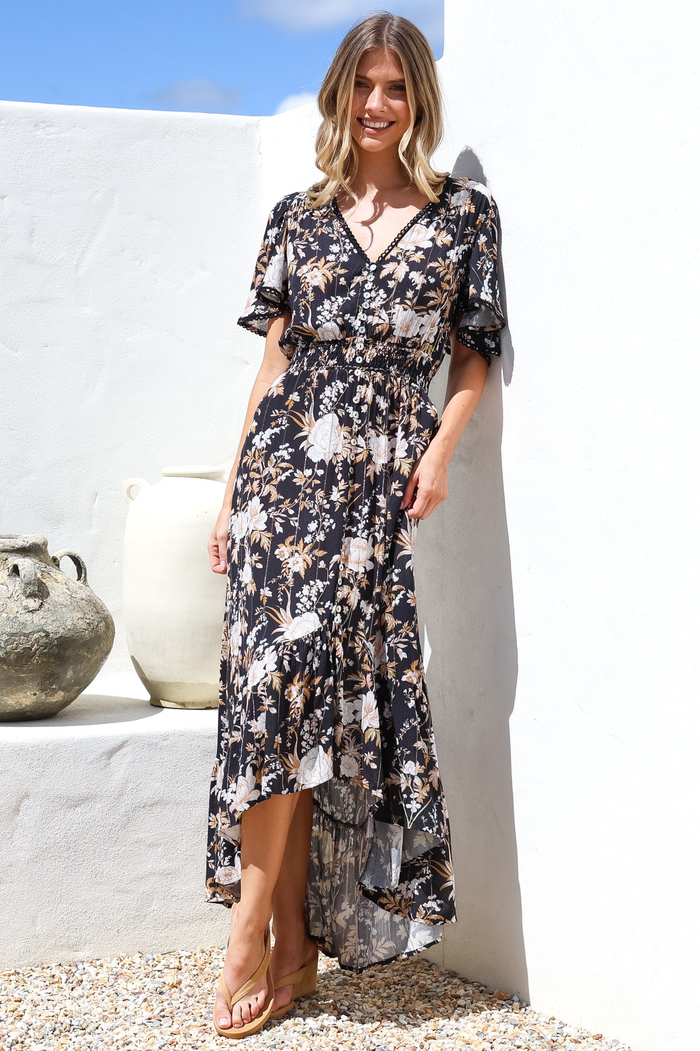 Maxi Dress - Elasticated Waist Button Detail High Low Dress