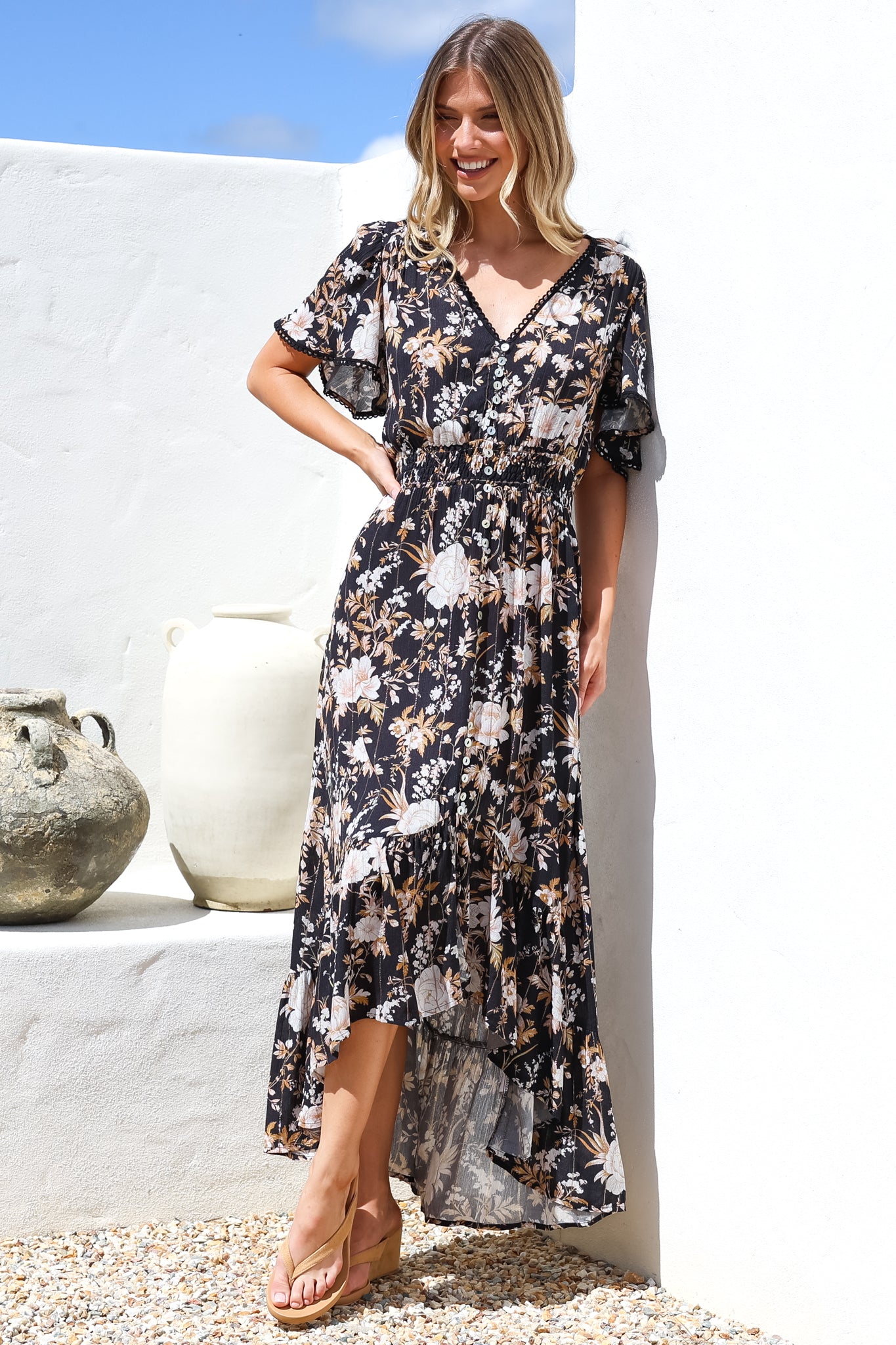 Maxi Dress - Elasticated Waist Button Detail High Low Dress