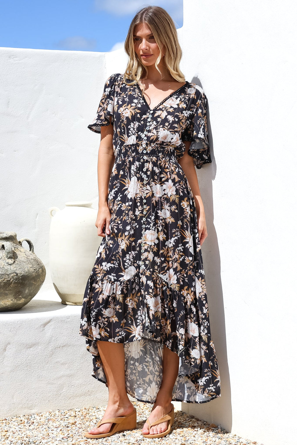 Maxi Dress - Elasticated Waist Button Detail High Low Dress