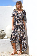 Maxi Dress - Elasticated Waist Button Detail High Low Dress