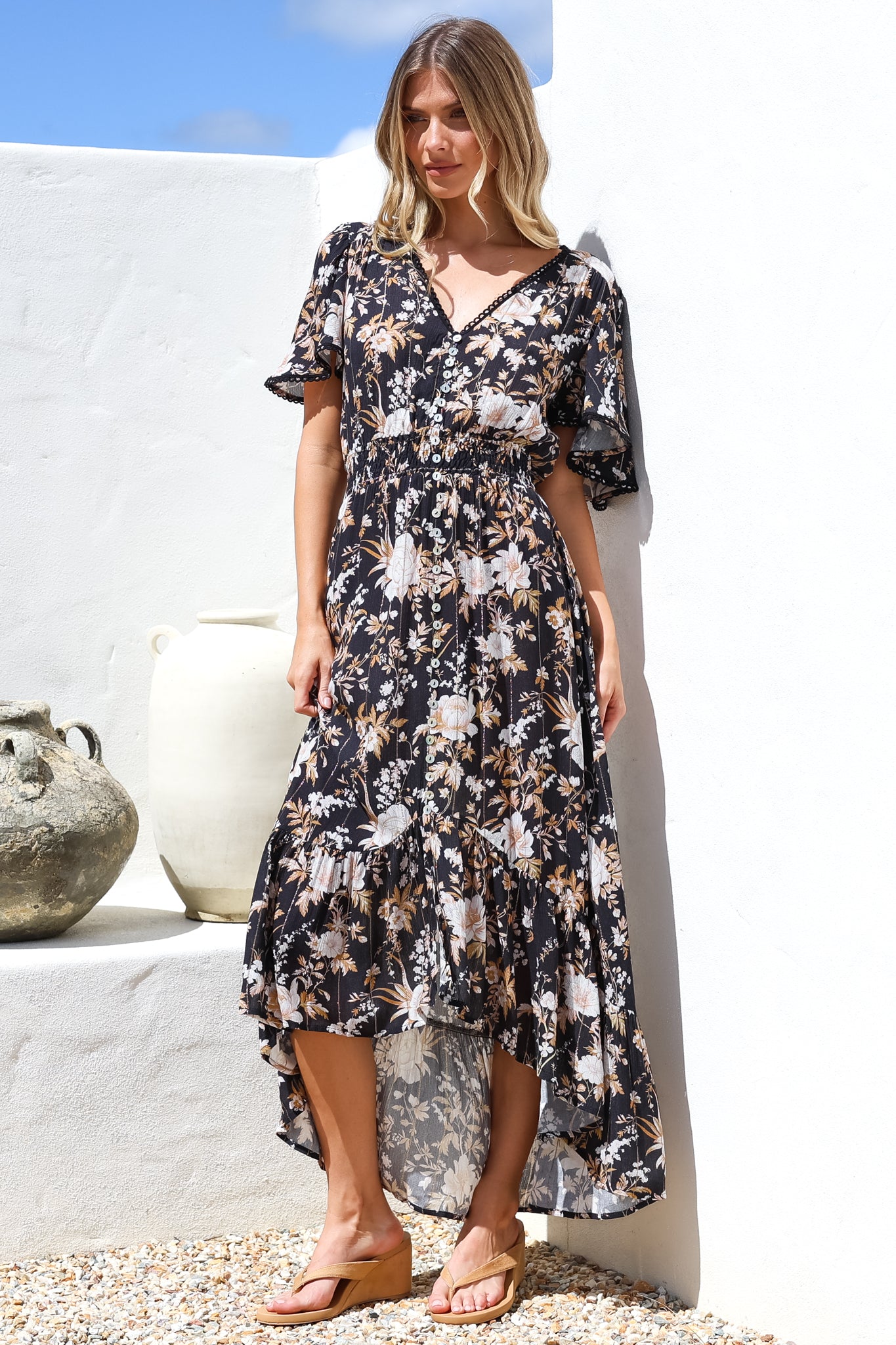 Maxi Dress - Elasticated Waist Button Detail High Low Dress