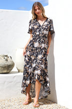Maxi Dress - Elasticated Waist Button Detail High Low Dress
