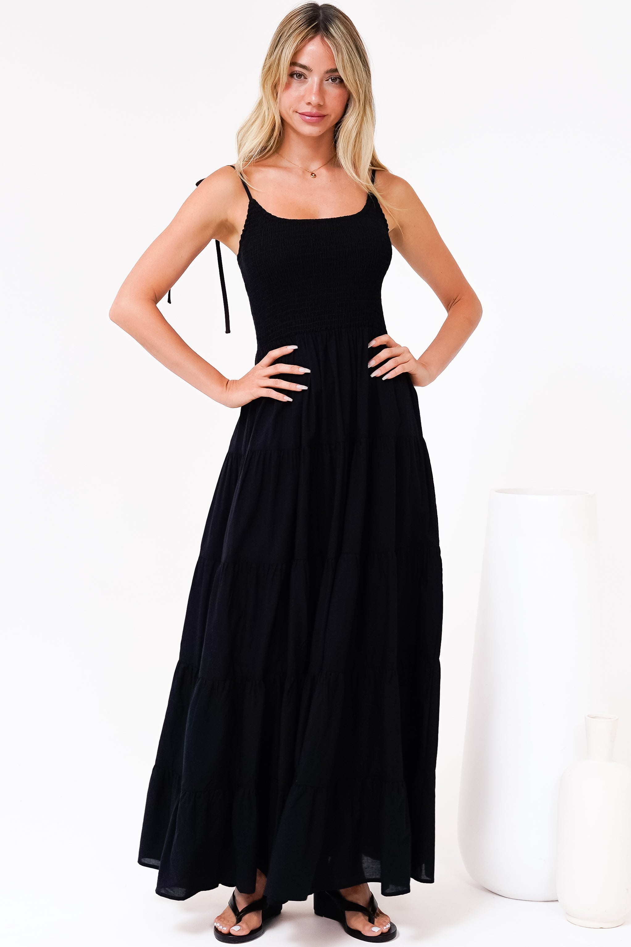 Maxi Dress - Tie Up Strap Tiered Sun Dress
