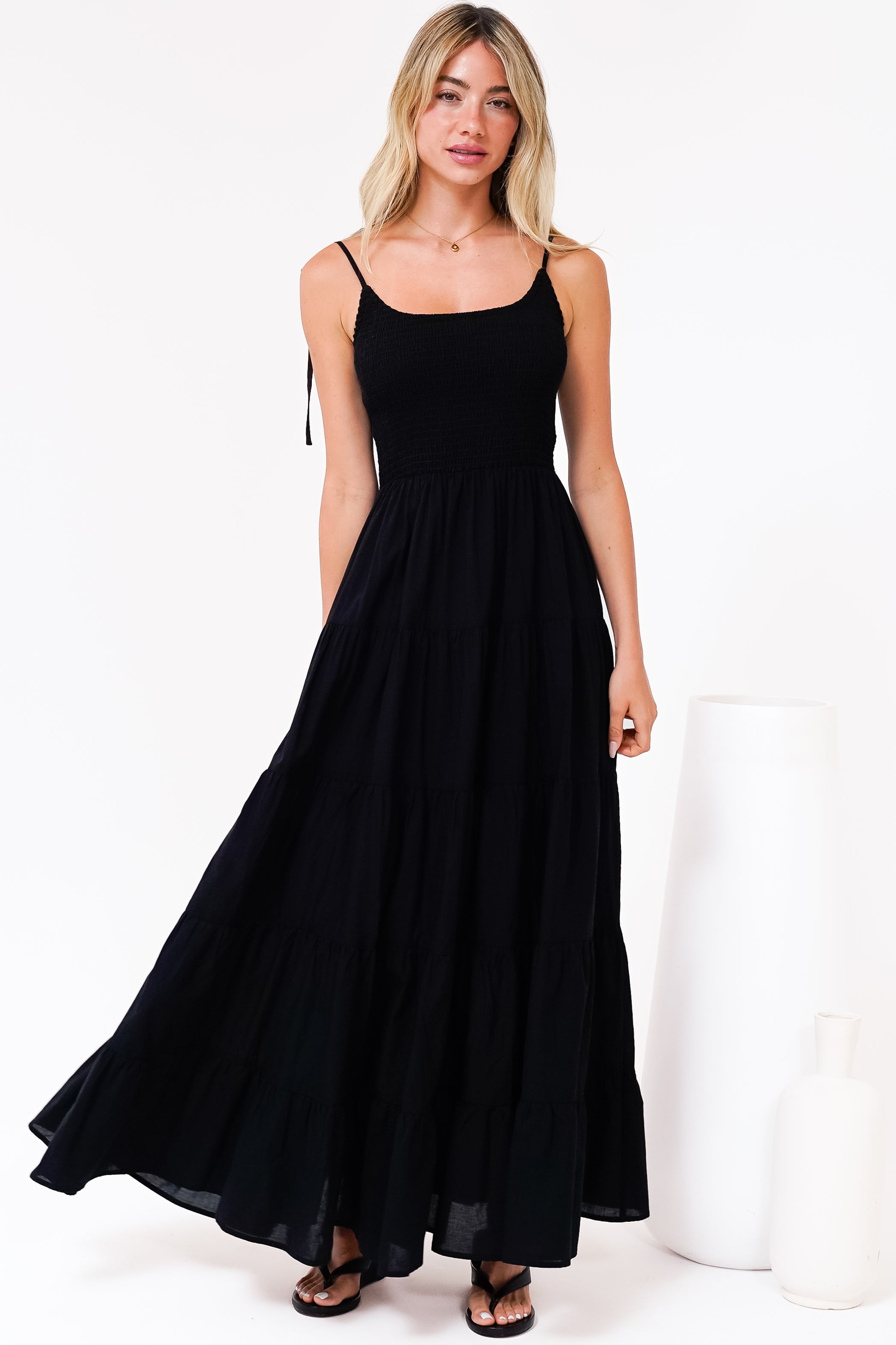 Maxi Dress - Tie Up Strap Tiered Sun Dress