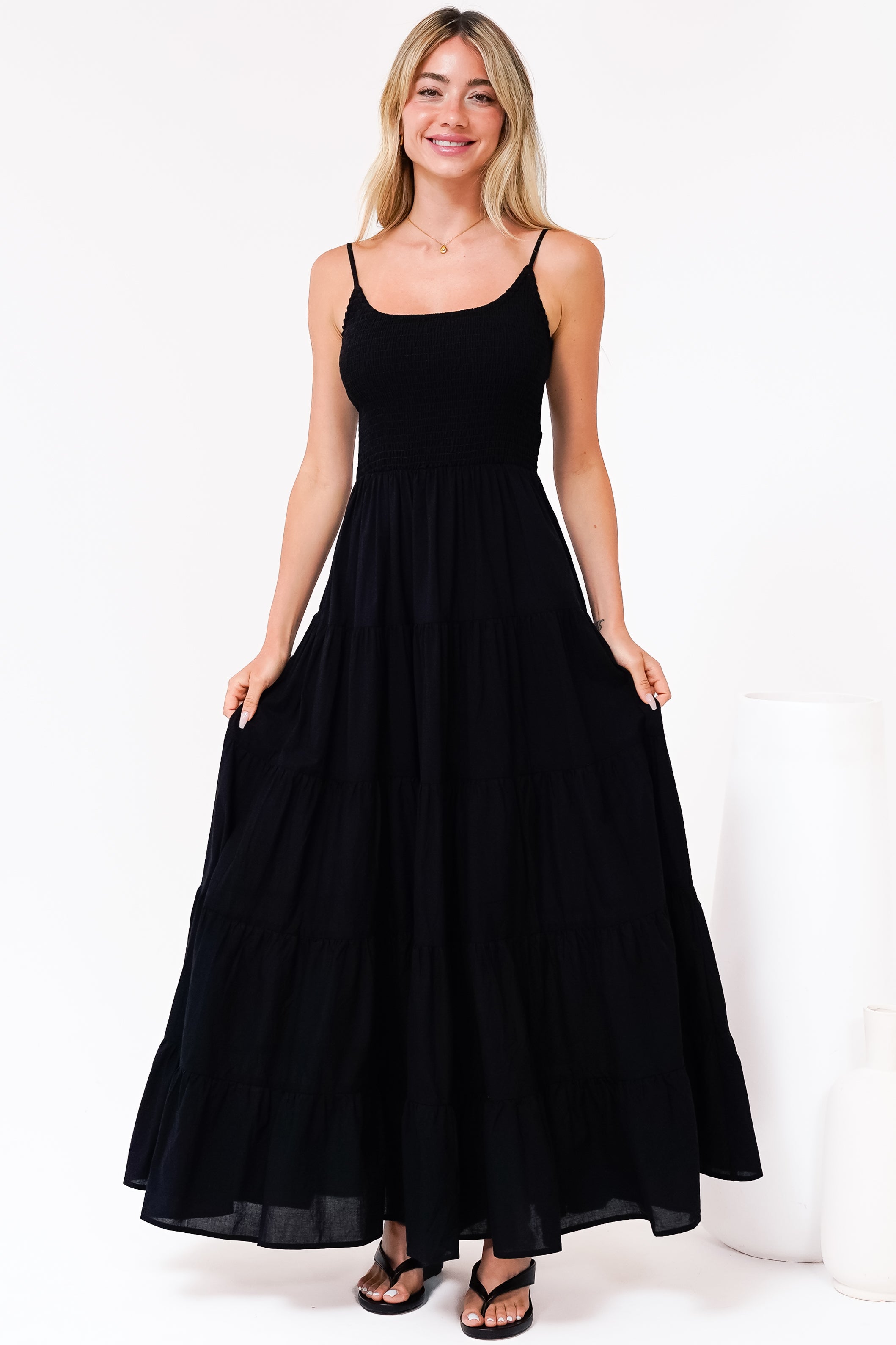Maxi Dress - Tie Up Strap Tiered Sun Dress