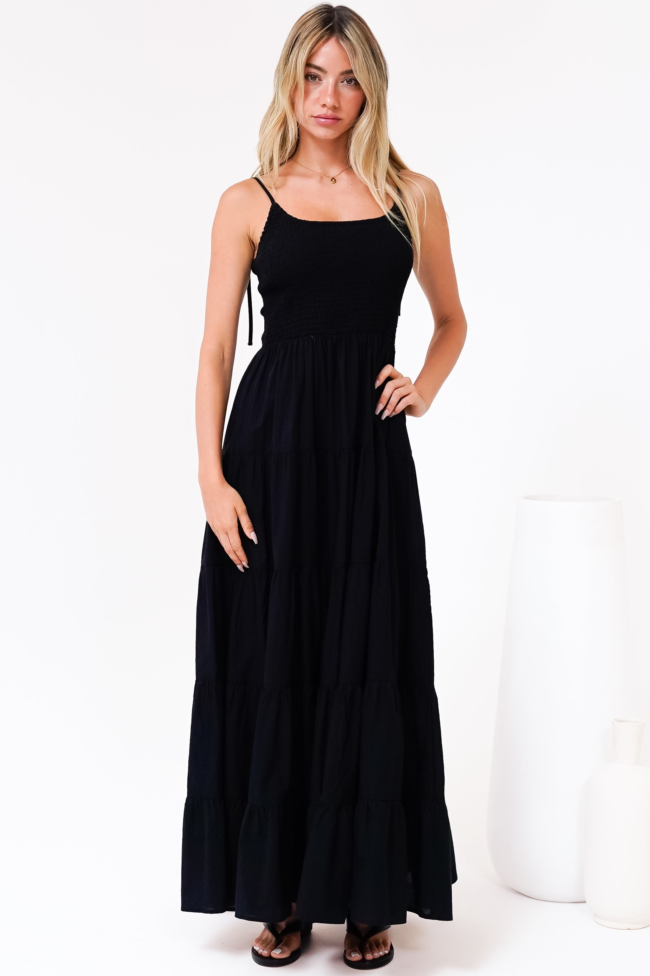 Maxi Dress - Tie Up Strap Tiered Sun Dress