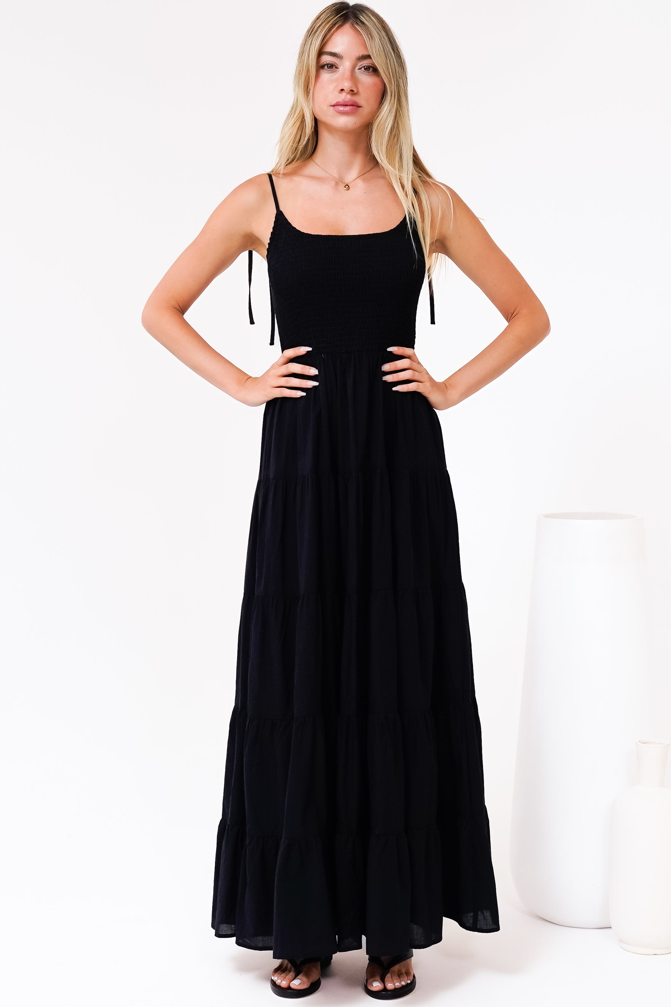 Maxi Dress - Tie Up Strap Tiered Sun Dress